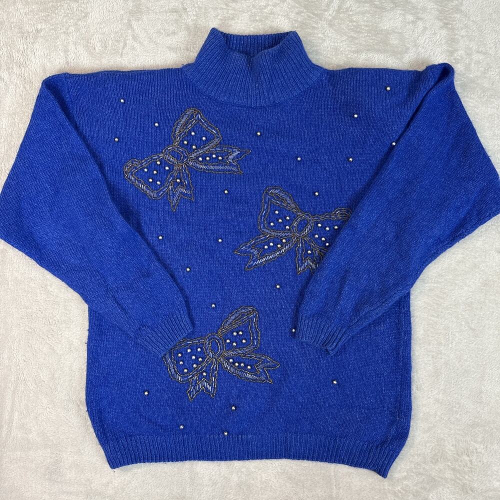 Dana Scott Vintage Beaded Bow Sweater Women L Blue Silk Angora Blend 90s